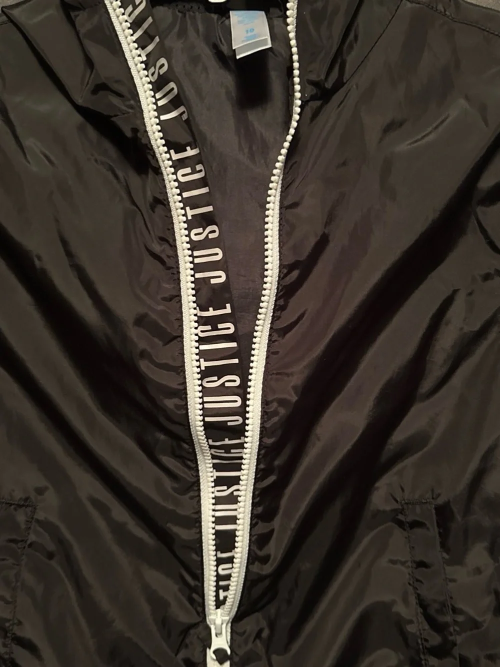 Justice Black Hooded Bomber Jacket with White Zip Trim